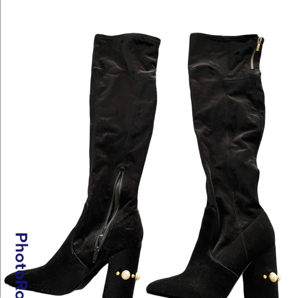 Pearl accent knee high velvet boots
